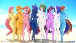 16:9 3d_(artwork) anthro applejack_(mlp) areola beach big_breasts breast_size_difference breasts digital_media_(artwork) eqamrd equid equine feet female fluttershy_(mlp) friendship_is_magic group hair hasbro hi_res horn horse humanoid_feet lineup looking_at_viewer looking_back mammal mane_six_(mlp) my_little_pony mythological_creature mythological_equine mythology nipples nude pegasus pinkie_pie_(mlp) plantigrade pony princess_celestia_(mlp) princess_luna_(mlp) rainbow_dash_(mlp) rarity_(mlp) rear_view seaside side_boob sky summer toes twilight_sparkle_(mlp) unicorn wide_hips widescreen winged_unicorn wings