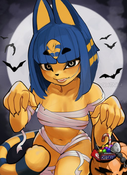 anal_beads anthro big_breasts blue_hair blush bob_cut bodily_fluids breasts buttplug candy candy_cane claws clothing collarbone costume dessert female food front_view full_moon hair hair_in_mouth hair_strands halloween_bucket halloween_costume holidays lips lollipop looking_at_viewer markings moon mummy_costume mummy_wrappings navel night open_mouth plug_(sex_toy) sex_toy smile solo striped_markings striped_tail stripes sweat tail tail_markings thick_thighs trick-or-treating uraeus wide_hips yellow_body ckatnha animal_crossing halloween kit_kat_(candy) mars_incorporated nintendo snickers ankha_(animal_crossing) bat felid mammal 2025 hi_res portrait three-quarter_portrait