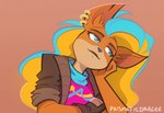 anthro blonde_hair blue_eyes clothing ear_piercing ear_ring female fur gloves hair handwear jacket lips long_hair piercing ring_piercing smile solo topwear prismaticdragee activision crash_bandicoot_(series) pirate_tawna bandicoot mammal marsupial