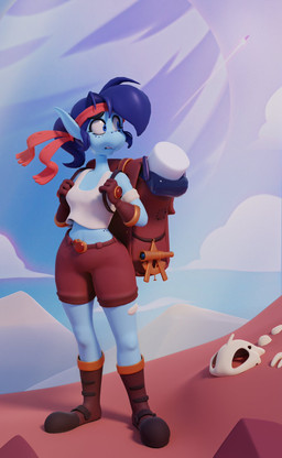 anthro backpack bandage biped blue_body blue_skin bone clothed clothed_anthro clothed_female clothing crop_top female female_anthro freckles looking_back midriff navel pose shirt solo standing tank_top topwear spongebandimark vesta_(psicoyote) 3d_(artwork) digital_media_(artwork) hi_res shaded soft_shading