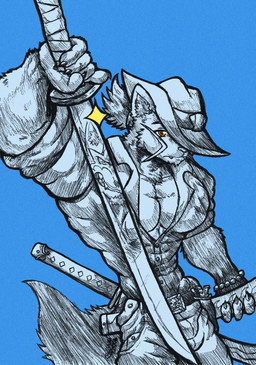 anthro barazoku belt biceps big_muscles big_pecs blue_background bottomwear bulge clothed clothing cowboy cowboy_hat demon_hunter denim denim_bottomwear denim_clothing dewott_oc fur gun hat headgear headwear huge_muscles jeans male manly melee_weapon muscular muscular_anthro muscular_male pants pecs ranged_weapon reflection ronin shadow shirt simple_background solo standing sword swordsman text topwear tuft unbuttoned unbuttoned_shirt weapon jwbash nintendo pokemon kagero_clearwater_(flameyverdantfire) dewott generation_4_pokemon generation_5_pokemon pokemon_(species) absurd_res hi_res