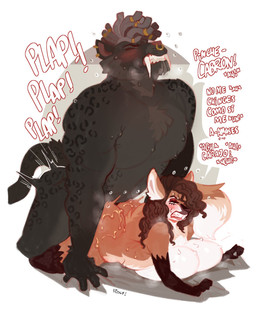 anthro big_breasts bodily_fluids breasts clenched_teeth countershading curly_hair dialogue dipstick_tail dreadlocks duo eyeshadow facial_piercing fangs female from_behind_position grabbing_sheets hair larger_male makeup male male/female markings nose_piercing nose_ring nude onomatopoeia piercing plap prone_bone_position ring_piercing rough_sex sabertooth_(anatomy) sex size_difference smaller_anthro smaller_female sound_effects speed_bump_position sweat tail tail_markings teeth text roly camila_(sigfigures) mateo_(sigfigures) canid canine felid fox leopard mammal pantherine prehistoric_species saber-toothed_tiger 2022 digital_media_(artwork) hi_res spanish_text translated