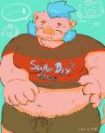 anthro belly blue_background bottomwear clothing eyes_closed humanoid_hands male moobs navel overweight overweight_anthro overweight_male shirt shorts simple_background solo text topwear buta5kawa hamuga86 lifewonders tokyo_afterschool_summoners ganglie_(tas) mammal suid suine sus_(pig) wild_boar 2019 absurd_res hi_res japanese_text