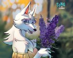 anthro blurred_background clothing dress eyebrows female flower lavender_(flower) logo looking_at_viewer makeup plant solo thick_eyebrows crystal_ice illumination_entertainment sing_(movie) klara_crystal arctic_wolf canid canine canis mammal wolf hi_res