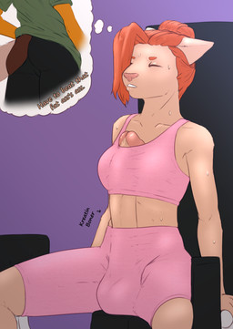 anthro between_breasts big_butt big_penis bodily_fluids breasts bulge butt clothed clothing duo envious erection erection_under_clothing fur genitals gynomorph hair herm humanoid_genitalia humanoid_penis intersex leggings legwear penis simple_background sweat sweatdrop tail text thick_thighs thought_bubble topwear androidz lydia_(androidz) mel_(androidz) canid canine canis domestic_cat domestic_dog felid feline felis mammal absurd_res hi_res trans_(lore) trans_woman_(lore)