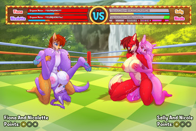 5_fingers anthro big_breasts blue_eyes blush bodily_fluids breasts brown_body brown_fur butt clothing competition cunnilingus duo female female/female fighting_ring fingering fingers from_behind_position fur gameplay_mechanics genital_fluids genitals gui hair health_bar huge_breasts multicolored_body muscular muscular_female muscular_on_muscular nipples nude open_mouth oral orgasm pink_body pink_fur precum purple_body red_body red_eyes red_fur sex sexual_competition sexual_fight spread_legs spreading sweat tail text tongue tongue_out upside_down vaginal vulva white_hair therealaisek archie_comics sega sonic_the_hedgehog_(archie) sonic_the_hedgehog_(comics) sonic_the_hedgehog_(series) fiona_fox nicole_the_lynx nicolette_the_weasel overclocked_nicole sally_acorn canid canine chipmunk digital_creature felid feline fox ground_squirrel lynx mammal mustelid musteline rodent sciurid true_musteline weasel 3:2 colored digital_drawing_(artwork) digital_media_(artwork) english_text hi_res shaded