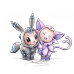 ambiguous_gender clothing cosplay costume duo evolutionary_family feral footwear hoodie jacket pokemon_costume shoes standing topwear itsbirdyart nintendo pokemon eevee eeveelution espeon generation_1_pokemon generation_2_pokemon pokemon_(species) umbreon 1:1 colored_pencil_(artwork) low_res traditional_media_(artwork) watermark