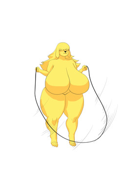 4_toes 5_fingers anthro big_breasts blonde_hair bouncing_breasts breasts featureless_breasts featureless_crotch feet female female_anthro fingers fur hair hair_over_eyes huge_breasts jump_rope jumping nude nude_anthro nude_female simple_background solo toes white_background yellow_body yellow_fur liodimor canid canine canis domestic_dog mammal 2026 animated hi_res short_playtime video