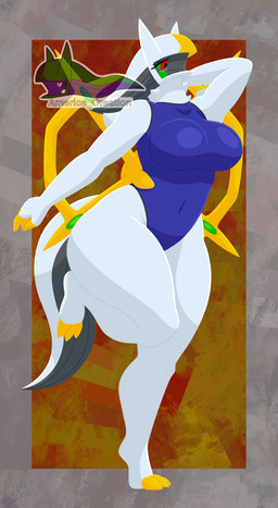 anthro blush breasts clothing female gold_accessory golden_claws latex_swimsuit multicolored_body on_one_leg pokemorph raised_arm raised_leg red_eyes simple_background small_waist smile solo standing swimwear tail text thick_thighs white_body wide_hips arceus_tummy nintendo pokemon arceus equid equine generation_4_pokemon horse legendary_pokemon mammal pokemon_(species) absurd_res english_text hi_res lineless