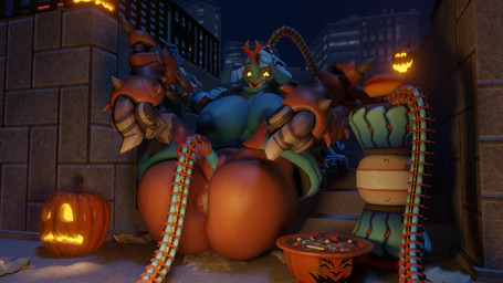 anus bdsm big_breasts big_butt bodily_fluids bondage bouncing_breasts bound breasts butt candy cum cum_in_ass cum_in_vagina cum_inside cum_on_ground dessert female female_taur food fruit genital_fluids holidays huge_breasts huge_butt inverted_nipples jack-o'-lantern legs_up lying machine mechanical_tentacles moan multicolored_body night nipples on_back penetration plant public public_use puffy_anus pumpkin solo tentacles vaginal vaginal_penetration snips456fur cherrelle_skeete_(va) blizzard_entertainment halloween overwatch orisa_(overwatch) arthropod insect omnic robot taur 16:9 2020 3d_(artwork) 3d_animation animated digital_media_(artwork) hi_res short_playtime sound video voice_acted widescreen