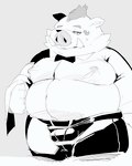 anthro belly big_belly bottomwear bulge clothing kemono male overweight overweight_anthro overweight_male pants shirt simple_background solo topwear sigenoya takotyutyu odd_taxi kensuke_shibagaki_(odd_taxi) mammal suid suina sus_(pig) wild_boar 2021 hi_res monochrome