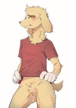 animal_genitalia anthro balls biped blush bottomless bottomless_anthro bottomless_male clothed clothing floppy_ears genitals gloves handwear male male_anthro penis penis_tip red_clothing red_shirt red_t-shirt red_topwear scrotum_flap sheath shirt solo t-shirt topwear white_clothing white_gloves white_handwear kanto05 glitch_productions the_amazing_digital_circus scratch_(tadc) bird_dog canid canine canis domestic_dog hunting_dog mammal retriever hi_res