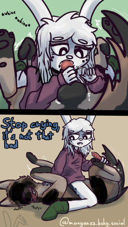anatomically_correct_feral animal_genitalia animal_penis anthro anthro_on_feral anthro_penetrated balls bestiality bodily_fluids bored canine_genitalia canine_penis clothed clothing cum cum_in_mouth cum_inside cum_string dialogue dominant dominant_anthro dominant_female duo ejaculation fellatio female female_on_feral female_penetrated feral feral_penetrating feral_penetrating_anthro feral_penetrating_female feral_raped footwear forced forced_oral genital_fluids genitals hoodie looking_back lying male male/female on_back oral pantsless penetration penile penis piercing rape reverse_forced_oral sex shaking shivering sitting sitting_on_another socks submissive submissive_feral submissive_male tail text topwear whining white_body manyanz canid canine canis domestic_dog lagomorph leporid mammal rabbit 4k 9:16 absurd_res comic english_text hi_res lol_comments