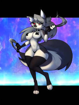 3_toes anthro black_clothing black_collar black_crop_top black_gloves black_handwear black_legwear black_shirt black_stockings black_thigh_highs black_topwear breasts clothing collar crop_top digitigrade exposure_variation feet female fingerless_gloves fluffy fluffy_tail fur gloves grey_body grey_fur grey_hair hair handwear holding_sickle legwear long_hair looking_at_viewer medium_breasts multicolored_body multicolored_fur nipple_tape notched_ear pasties pussy_tape red_sclera shirt sickle solo standing stockings studded_collar studs tail tape thigh_highs toeless_legwear toeless_stockings toeless_thigh_highs toes topwear two_tone_body two_tone_fur white_body white_eyes white_fur dracojeff hellaverse helluva_boss mythology loona_(helluva_boss) canid canid_demon canine demon hellhound mammal mythological_canine mythological_creature 2023 3:4