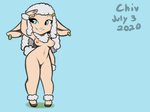 4_fingers accessory ankle_tuft anthro areola arm_tuft bald_crotch bedroom_eyes belly big_ears big_eyes big_pupils biped blue_background blue_eyes braided_fur braided_hair breasts brown_hooves chest_tuft closed_smile crotch_lines curvy_figure cyan_background ear_piercing ear_ring eyelashes feet female fingers fluffy fluffy_chest fluffy_fur fluffy_hair fluffy_tail front_view fur fur_tuft genitals glistening glistening_eyes gold_(metal) gold_ear_ring gold_jewelry green_background hair hair_accessory hair_ring half-closed_eyes hand_behind_back happy hime_cut hooves hourglass_figure humanoid_genitalia humanoid_pussy innie_pussy jewelry leg_tuft light long_hair looking_aside makeup mascara medium_breasts monotone_belly monotone_body monotone_breasts monotone_face monotone_fur monotone_genitals monotone_skin monotone_tail monotone_wool mouth_closed multicolored_body narrowed_eyes navel neck_tuft nipples nude pale_skin piercing pink_areola pink_nipples pivoted_ears pointy_ears pose prick_ears pubic_mound pupils pussy raised_arm ring_piercing seductive shadow short_tail simple_background small_waist smile solo standing tail teeth thick_thighs tuft white_body white_fur white_hair white_tail white_wool wide_hips wool_(fur) wrist_tuft eyeball6300_(chiv) floofymomo_(floofymomo) bovid caprine domestic_sheep mammal sheep 2020 4:3 full-length_portrait hi_res portrait signature