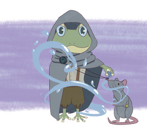 barefoot blue_eyes cloak clothing feet fur green_body green_skin grey_body grey_fur water yellow_body yellow_skin chuchochi amphibian frog mammal murid murine rat rodent hi_res