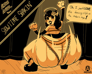 2_horns 4_fingers accessory armwear big_butt black_eyes black_hair black_lips black_text blush blush_lines breasts butt camel_toe clothed clothed_female clothed_humanoid clothing crouching curtains dialogue dress empty_eyes female female_humanoid fingers fist flower flower_in_hair footwear frilly frilly_clothing frilly_panties frilly_underwear gloves hair hair_accessory halo handwear head_turned horn huge_butt lips long_hair looking_back markings mary_janes medium_breasts mole_(marking) motion_lines not_furry on_stage panties plant raised_arm rear_view rose_(flower) shaking_butt shoes smile speech_bubble stage text thick_thighs twerking underwear yellow_text meryo bendy_and_the_ink_machine alice_angel angel angel_humanoid horned_humanoid humanoid 2026 english_text handwritten_text hi_res signature