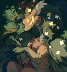 antlers brown_antlers brown_body brown_fur cheek_tuft closed_smile eyes_closed facial_tuft female feral flower fur grass green_body green_fur horn lying mouth_closed on_side plant sleeping smile solo tuft white_flower corzh77 mythology dragon furred_dragon furred_scalie mythological_creature mythological_scalie scalie hi_res