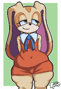 anthro black_nose border clothed clothed_anthro clothed_female clothing collared_dress dipstick_ears dress ear_markings facial_markings female female_anthro floppy_ears fur green_background half-closed_eyes hands_behind_back head_markings logo long_ears markings multicolored_body multicolored_ears multicolored_fur narrowed_eyes navel_outline orange_clothing orange_dress orange_ear_tips orange_eyes orange_markings outline pink_inner_ear simple_background solo tan_body tan_ears tan_fur text thick_thighs white_border white_outline white_sclera wide_hipped_anthro wide_hipped_female wide_hips young young_anthro moospicho sega sonic_the_hedgehog_(series) cream_the_rabbit lagomorph leporid mammal rabbit 2026 artist_logo artist_name digital_media_(artwork) hi_res pixel_(artwork)