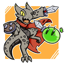 anthro biped border cape clothing duo eyelashes female feral green_body grey_body holding_melee_weapon holding_object holding_sword holding_weapon looking_at_viewer melee_weapon open_mouth orange_background pose pupils red_cape red_clothing simple_background slit_pupils standing sword tail tongue weapon white_border yellow_sclera rakkuguy coal_(rakkuguy) lime_(rakkuguy) goo_creature kobold scalie slime_(blob) 1:1 2024 digital_media_(artwork) full-length_portrait hi_res portrait