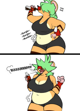 anthro belly beverage bottle bottomwear bra breasts burping clothing cola container drinking female navel overweight overweight_anthro overweight_female rumbling_stomach shorts simple_background soda solo underwear white_background hennessy-the-rat hennessy_(hennessy-the-rat) mammal murid murine rat rodent absurd_res comic hi_res