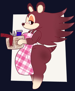 anthro apron apron_only big_butt breasts brown_body brown_fur butt clothing fabric female freckles fur half-closed_eyes holding_object narrowed_eyes pattern_apron pattern_clothing plaid plaid_apron plaid_clothing scissors side_view solo tail mschaox6 animal_crossing nintendo sable_able eulipotyphlan hedgehog mammal hi_res
