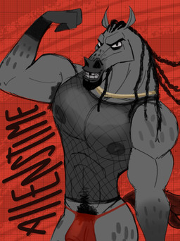 abs anthro areola biceps big_muscles big_pecs clothing fishnet_clothing fishnet_topwear flaccid flexing flexing_bicep fur genitals hair humanoid_genitalia humanoid_penis jockstrap looking_at_viewer male muscular muscular_anthro muscular_male nipples pecs penis pubes simple_background smile solo standing tail topwear translucent translucent_clothing underwear jotallenstime goat_(movie) sony_corporation sony_pictures mane_attraction andalusian_horse equid equine horse mammal 3:4 digital_media_(artwork) hi_res