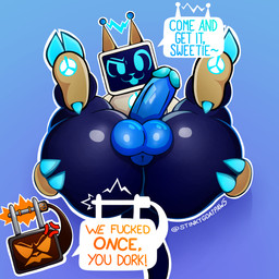 angry anthro balls blue_body blue_penis butt dialogue duo electronics for_a_head genitals machine male male/male paws penis presenting presenting_hindquarters screen screen_face smile smirk spreading television stinkygoatpaws kilaflow kila_(kilaflow) teraflop_(kilaflow) felid feline mammal object_head robot robot_anthro screen_head tv_head 1:1 absurd_res hi_res