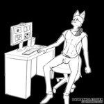 anthro balls_outline big_penis biped black_background bottomwear bulge camera chair clothed clothing computer computer_keyboard computer_monitor computer_mouse desk detailed_bulge electronics embarrassed erection erection_under_shirt female footwear furniture genital_outline genitals glans group hair huge_penis humanoid_genitalia humanoid_penis hyper hyper_genitalia hyper_penis long_penis male monitor nervous office_chair outline pants penis penis_through_neckhole shirt shoes simple_background sitting solo_focus swivel_chair t-shirt table topwear video_call video_camera batmanholecover scott_(batmanholecover) canid canine canis domestic_dog felid feline lagomorph mammal maned_wolf 1:1 2021 absurd_res artist_name black_and_white digital_drawing_(artwork) digital_media_(artwork) hi_res monochrome