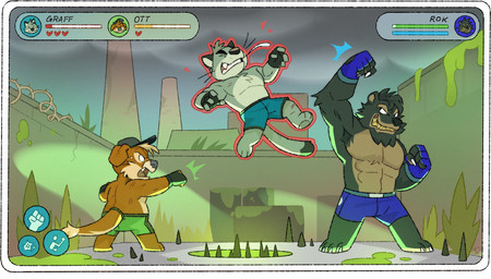 anthro bottomwear boxing_shorts clothing detailed_background fight gameplay_mechanics group gui handwear hat headgear headwear health_bar hud male punch shirt shorts slightly_chubby topwear gato_iberico brok_the_investigator cowcat_games graff_filsh ott_(brok_the_investigator) rok_(brok_the_investigator) bear domestic_cat felid feline felis hybrid mammal mustelid otter suid suine warthog 2025 hi_res