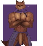 abs anthro balls barazoku biceps big_balls big_muscles big_penis bodily_fluids border clothed clothing crossed_arms deltoids dripping ellipsis eyes_closed flaccid foreskin front_view frown fur genitals glans huge_balls huge_muscles huge_penis humanoid_genitalia humanoid_penis kerchief long_penis male muscular muscular_anthro muscular_male navel neckerchief neckwear open_bottomwear open_clothing pecs penis pubes purple_background scar simple_background solo standing straps sweat thick_arms thick_penis topless topless_anthro topless_male tuft unretracted_foreskin vein white_border fleshformomo epic_games fortnite hajime_(fortnite) canid canine mammal raccoon_dog tanuki 2025 hi_res