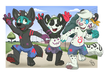 anthro black_body black_fur black_pawpads blue_eyes blue_sky bodypaint clothed clothing cloud eyes_closed front_view fur glistening glistening_eyes green_eyes group hair happy head_tuft horn jewelry logo male navel necklace no_sclera open_mouth open_smile outside pawpads pink_nose pink_pawpads pupils red_pawpads red_tongue running short_hair sky smile tongue topless trio tuft white_body white_fur white_hair white_horn white_pupils young young_anthro young_male pandapaco bear canid canine felid giant_panda mammal artist_logo signature