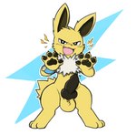 animal_genitalia animal_penis anthro balls black_pawpads black_penis canine_genitalia canine_penis claws erection fur genitals knot male open_mouth open_smile pawpads penis smile solo yellow_body yellow_fur oob nintendo pokemon jetta_the_jolteon eeveelution generation_1_pokemon jolteon pokemon_(species) hi_res