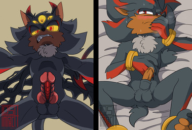 added_anatomy animal_genitalia anthro back_wings balls blush bodily_fluids butt butt_from_the_front claws cuffs_(clothing) finger_claws fluffy fluffy_chest furry_balls genital_fluids genitals half-erect humanoid_genitalia knot knotted_penis low-angle_view male markings multi_eye penis pointy_ears precum red_eyes sharp_teeth sheath solo spread_legs spreading steamy_breath sweat tail teeth wings yellow_sclera losttimpactt sega sonic_the_hedgehog_(series) shadow_the_hedgehog eulipotyphlan hedgehog mammal 2026 watermark