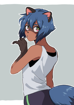 anthro black_hair black_nose blue_body blue_eyes blue_hair brown_body brown_fur clothed clothing facial_markings female fluffy fluffy_tail fur gloves_(marking) hair head_markings looking_at_viewer looking_back markings mask_(marking) multicolored_body multicolored_fur multicolored_hair shirt short_hair solo tail tank_top topwear shinno brand_new_animal studio_trigger michiru_kagemori canid canine mammal raccoon_dog tanuki 2020