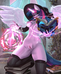 anthro book breasts clothing female gem genitals hat headgear headwear horn legwear looking_at_viewer magic navel solo stockings tome vulva wings witch_hat evesweetart friendship_is_magic hasbro my_little_pony mythology twilight_sparkle_(mlp) equid equine mammal mythological_creature mythological_equine winged_unicorn absurd_res hi_res