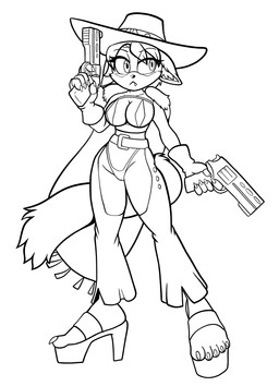 big_breasts bikini bikini_bottom bikini_top breasts chaps clothing cowboy_hat cowboy_outfit female footwear hat headgear headwear high_heels poncho shoes solo swimwear two-piece_swimsuit weapon fourssss mihoyo zenless_zone_zero pulchra_fellini 2025 digital_drawing_(artwork) digital_media_(artwork) hi_res monochrome