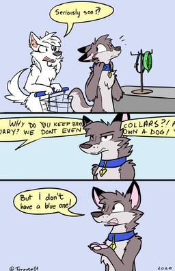 anthro collar collar_only dialogue dipstick_ears duo ear_markings ear_piercing female fur humor interrobang male multicolored_ears nude open_mouth pawpads piercing pink_pawpads shopping speech_bubble text white_body white_fur zenonclaw canid canine canis fox hybrid mammal wolf 2020 absurd_res comic english_text hi_res signature mother_(lore) mother_and_child_(lore) mother_and_son_(lore) parent_(lore) parent_and_child_(lore) parent_and_son_(lore) son_(lore)