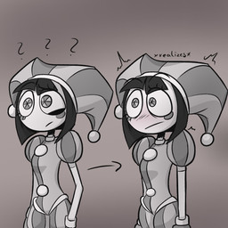 blush confusion directional_arrow eyebrows female not_furry question_mark raised_eyebrow realization shaking shivering solo wide_eyed screaming_alice glitch_productions the_amazing_digital_circus pomni_(tadc) humanoid 1:1 hi_res