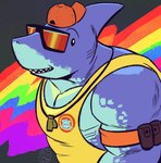 anthro armband clothing dot_eyes eyewear fin hat headgear headwear lgbt_pride male muscular muscular_male orange_clothing orange_hat orange_headwear pride_colors sharp_teeth shirt solo sunglasses teeth topwear whistle_(object) whistle_around_neck yellow_clothing yellow_shirt yellow_topwear jasperthecrab epic_games fortnite safety_first_steve_(fortnite) fish marine shark half-length_portrait hi_res portrait