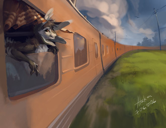 3_fingers 4_ears ambient_silhouette ambiguous_gender anthro black_body black_feathers black_finger_claws black_fur black_sclera cheek_tuft chest_tuft claws cloud countershading day detailed_background facial_tuft feathered_wings feathers fingers fur grass hair happy head_tuft inside_train leaning light long_ears looking_aside looking_away multi_ear nature nude open_mouth outside plant public_transportation purple_eyes silhouette sky skyscape smile solo sunlight teeth text train travelling tree tuft tufted_fur utility_pole vehicle white_body white_feathers white_fur window winged_arms wings atokasworld fyr_(fenrir784) ambient_bird ambient_flier avali avian bird 2026 absurd_res artist_name colored dated detailed digital_drawing_(artwork) digital_media_(artwork) digital_painting_(artwork) english_text hi_res lighting lineless painting_(artwork) shaded signature
