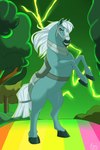 armor electricity female feral green_sky lightning looking_at_viewer mane plant rainbow_road saddle shrub sky solo tail tree white_mane white_tail skyfox911 centaurworld netflix horse_(centaurworld) equid equine horse mammal hi_res