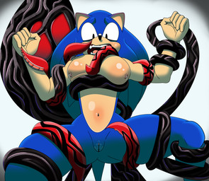 anthro black_body blue_body blue_fur blush bodily_fluids breasts clitoris duo fur genital_fluids genitals hands_up imminent_sex intersex intersex/male lactating lifting_partner male navel open_mouth questionable_consent raised_arms restrained scared shocked tan_body tan_fur tentacles vaginal_fluids vulva nezuruiart sega sonic_the_hedgehog_(series) shadow_the_hedgehog sonic_the_hedgehog alien eulipotyphlan hedgehog mammal monster tentacle_creature absurd_res hi_res