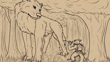 anthro backpack bottomwear clothing duo ears_back electronics electroshock_weapon extreme_size_difference feral forest_background forest_ranger jacket macro macro_feral male pants pivoted_ears radio scared size_difference stun_baton tail topwear weapon mangomutt winston_(mangomutt) canid canine canis mammal wolf