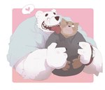 anthro belly big_belly blush brown_body clothing duo eyes_closed hug hugging_another hugging_from_behind humanoid_hands kemono male male/male overweight overweight_male shirt simple_background size_difference topwear white_body dumdum bear canid canine canis domestic_dog mammal polar_bear ursine 2022 absurd_res hi_res