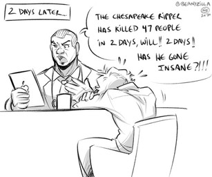 chair clothed clothing dialogue duo furniture hair human_focus human_only male not_furry speech_bubble text zillabean hannibal_(series) jack_crawford will_graham human mammal 6:5 digital_media_(artwork) english_text monochrome sketch