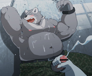 anthro belly blush bodily_fluids bottomwear bound chain chained clothing cum cum_on_belly cum_on_body cum_on_chest duo ejaculation eyes_closed genital_fluids genitals handjob humanoid_genitalia humanoid_hands humanoid_penis male moobs navel nipples overweight overweight_male pants penile penis sex mitei mti777 bear mammal