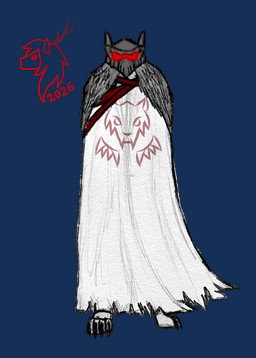 ambiguous_gender anthro armor barefoot belt cloak clothing feet flowing_cape flowing_clothing fur fur_collar grey_body grey_fur headgear helmet looking_at_viewer red_belt red_glow red_visor solo symbol symbol_on_clothing tribal white_body white_cloak white_clothing white_fur haribunawa legends_of_chima lego mohrta canid canine canis mammal wolf 2026 alpha_channel crossover hi_res signature