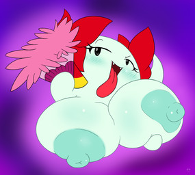 big_breasts blue_nipples blush breasts fangs female hand_fan huge_breasts looking_at_viewer nipples not_furry open_mouth simple_background solo teeth tongue tongue_out kirbot12 mario_bros nintendo paper_mario lady_bow boo_(mario) ghost spirit