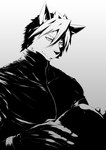 5_fingers anthro clothing fingers hair jacket male simple_background topwear ig1119 morenatsu kouya_(morenatsu) canid canine canis domestic_dog husky mammal nordic_sled_dog spitz 2011 black_and_white monochrome